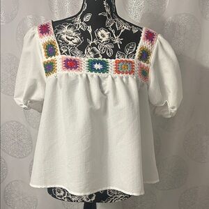 White Crochet Peasant Boho Cottagecore Blouse with Puff Sleeves Women’s Large
